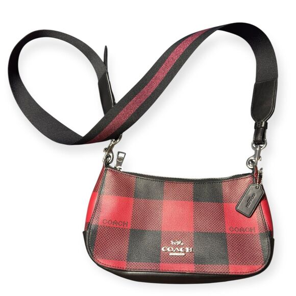 Coach C6818 Crossbody Bag Jes Baguette With Buffalo Plaid Print Black H2111 Red - Picture 1 of 5